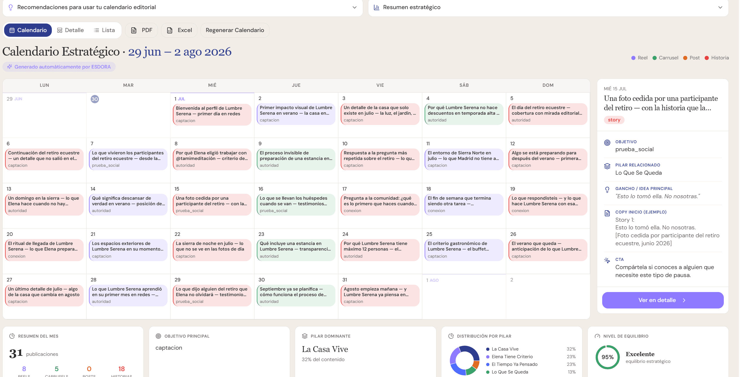 Calendario de planificación mensual de ESDORA con copywriting y dirección creativa por marca